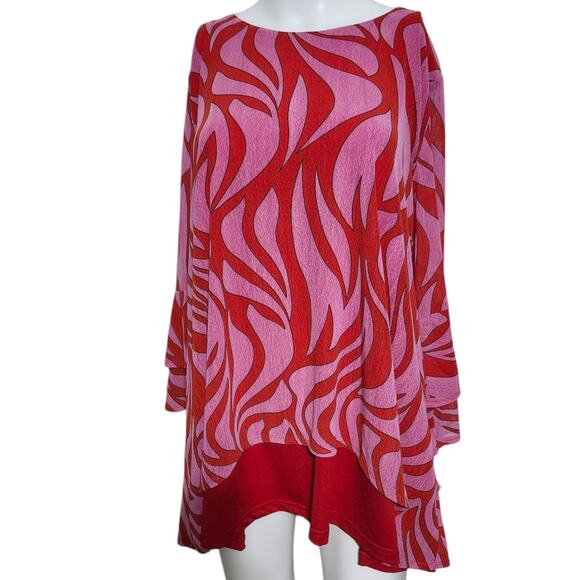 Calessa L Blouse Swirl‎ Print L Pink & Red Tiered Ruffle Sleeve Tunic Flame Fire - Picture 4 of 11